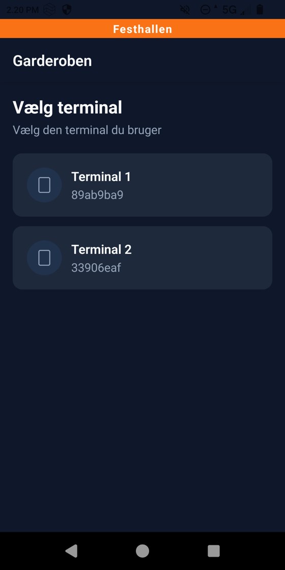 Skærmen Vælg terminal med Terminal 1 og Terminal 2