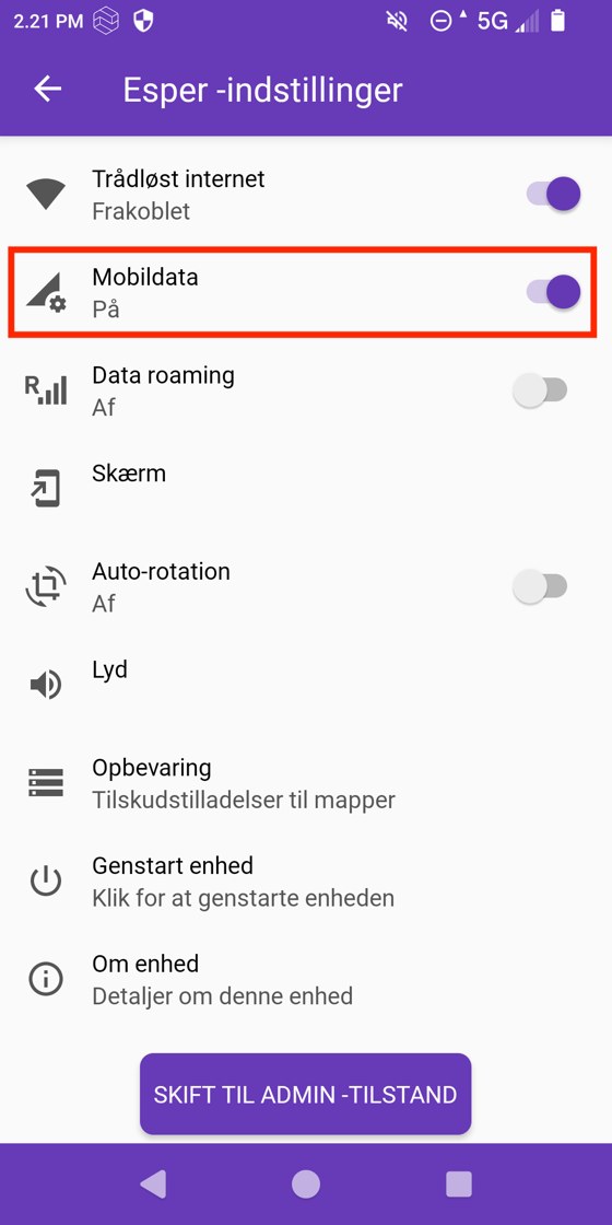 Esper-indstillinger med Mobildata slået til