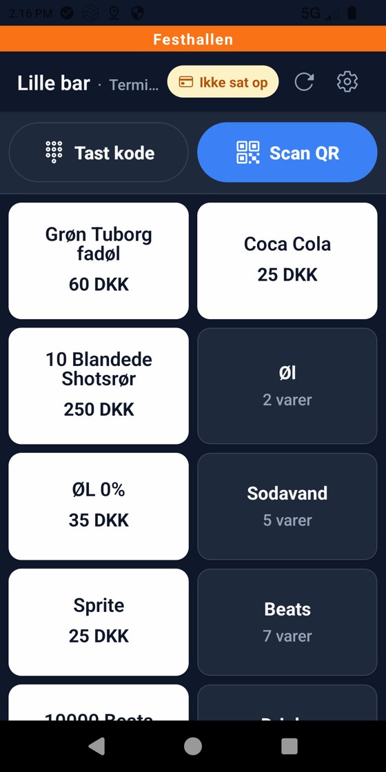 Salgsskærmen med knappen Scan QR øverst