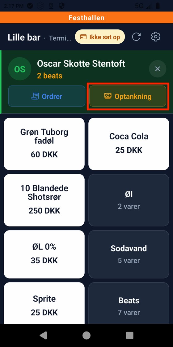 Gæsten er fundet. Knappen Optankning under gæstens navn er markeret