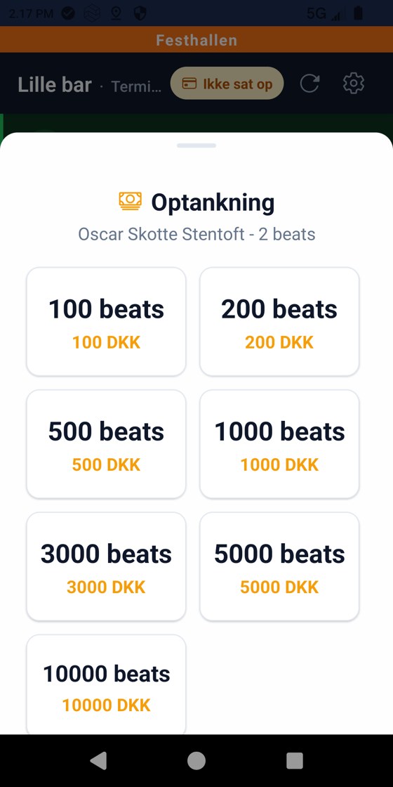 Valg af beløb fra 100 til 10000 beats