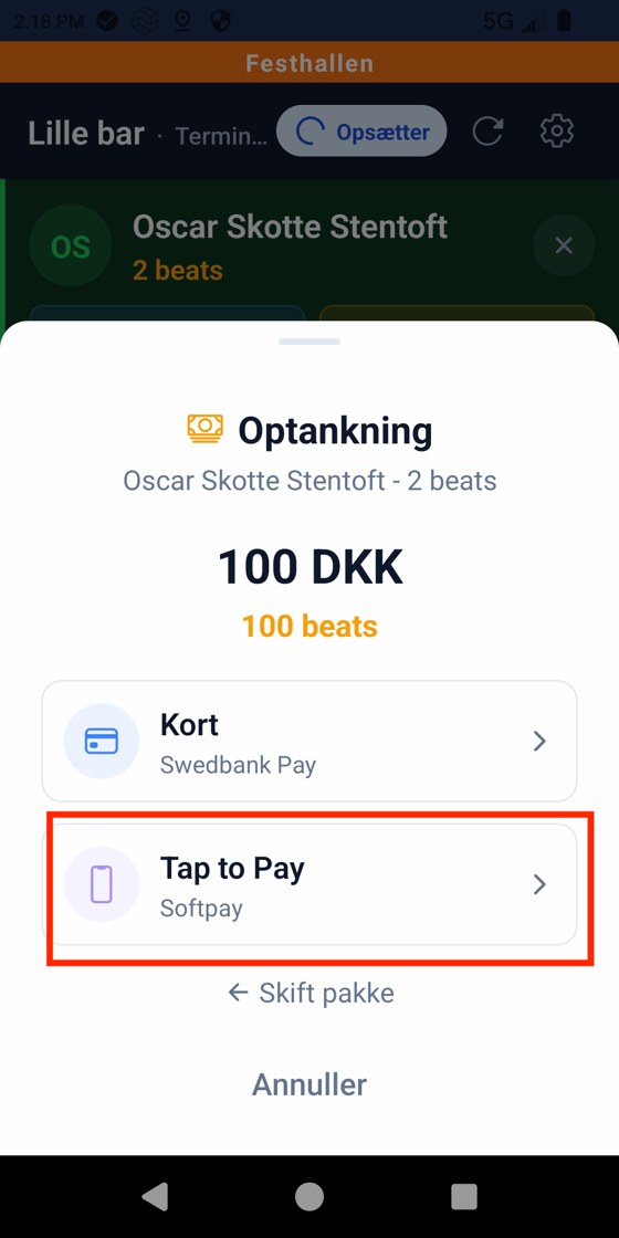 Optankning 100 DKK med valgene Kort og Tap to Pay. Tap to Pay er markeret