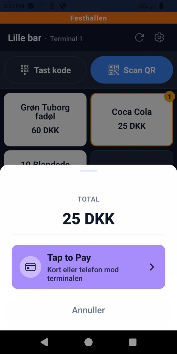 Skærmen med total og knappen Tap to Pay